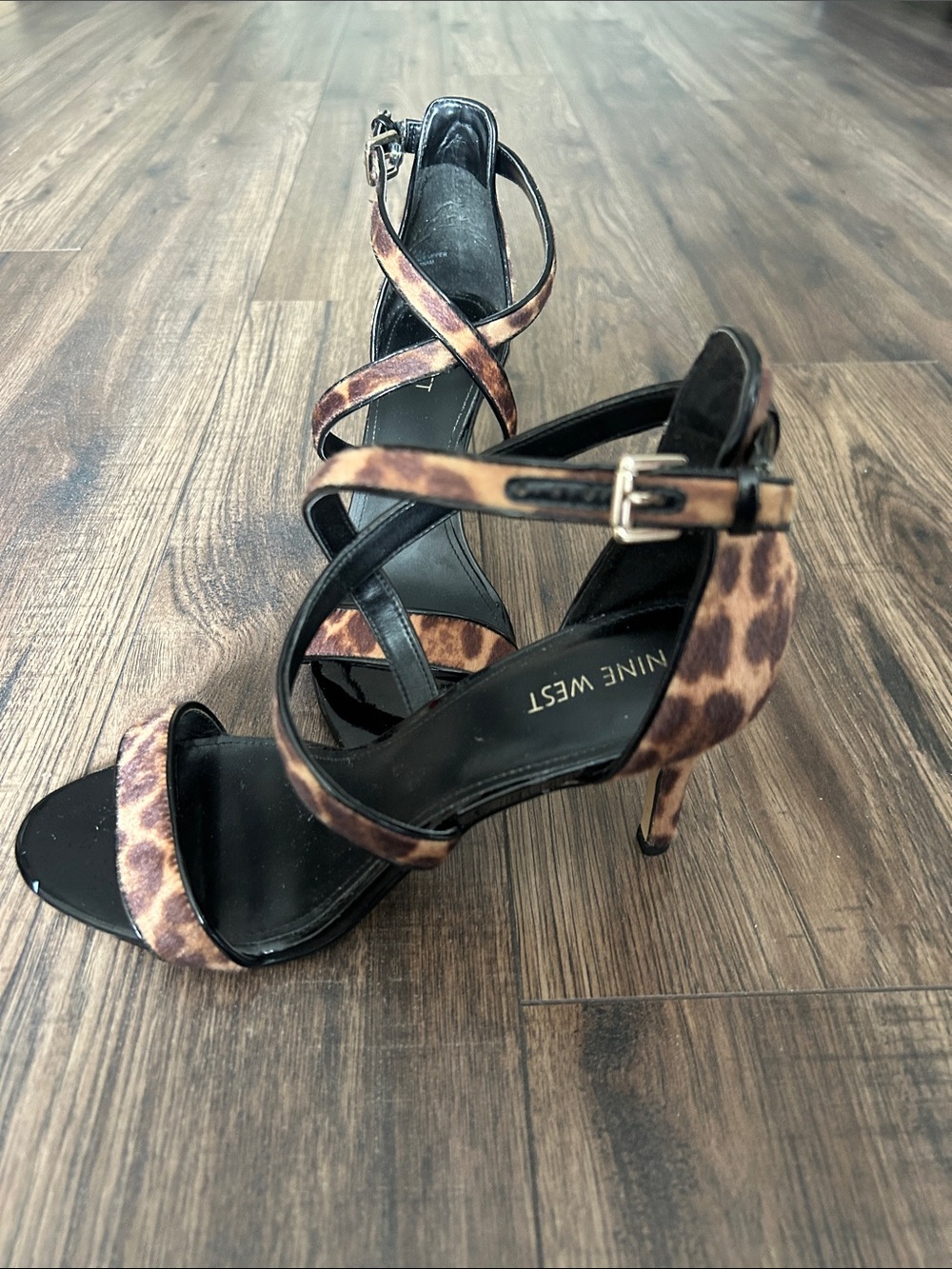 Nine West Mydebut Women’s 11 Leopard Calf Hair Strappy Stiletto Heels - Picture 2 of 9